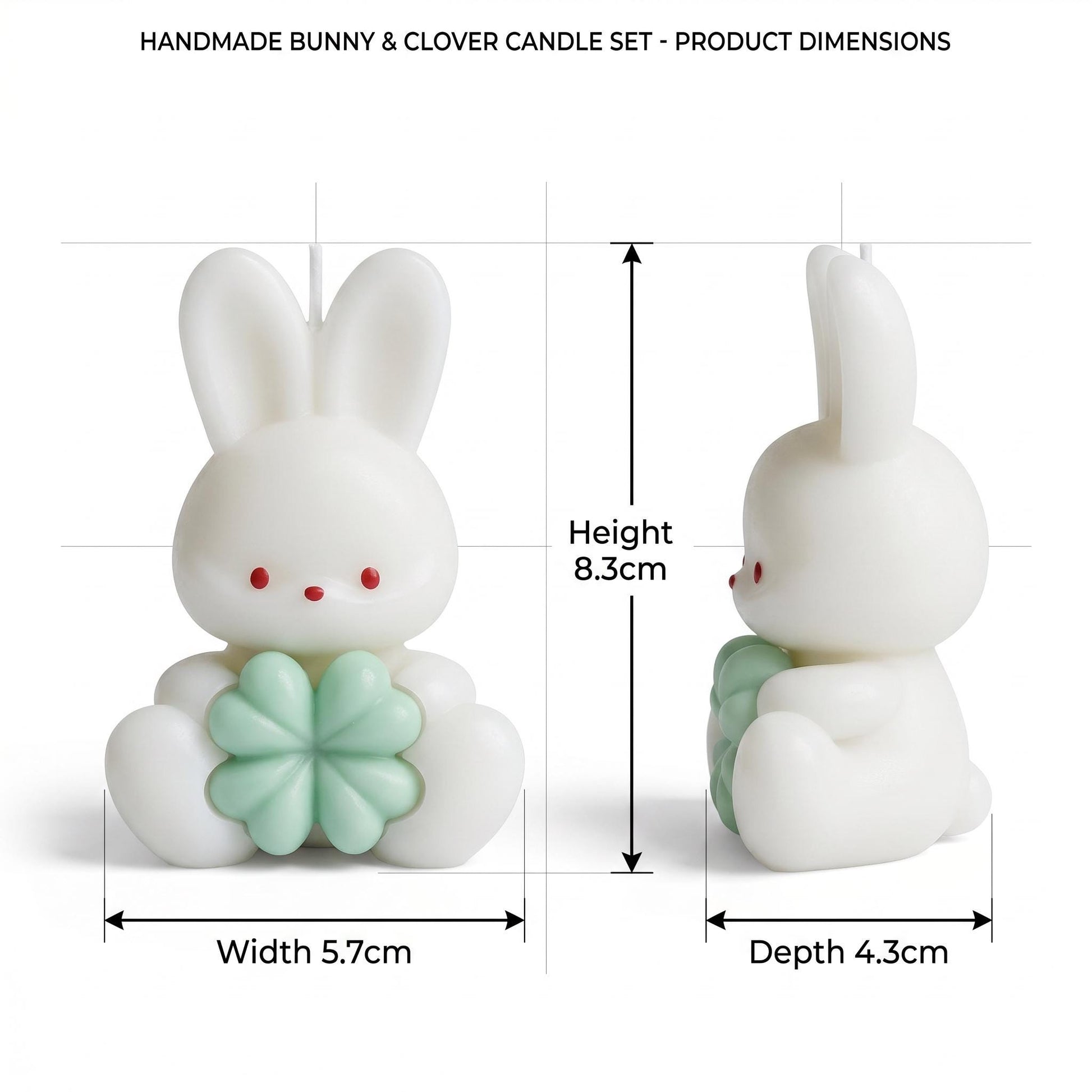 Handmade bunny and clover candle set with dimensions on a white background