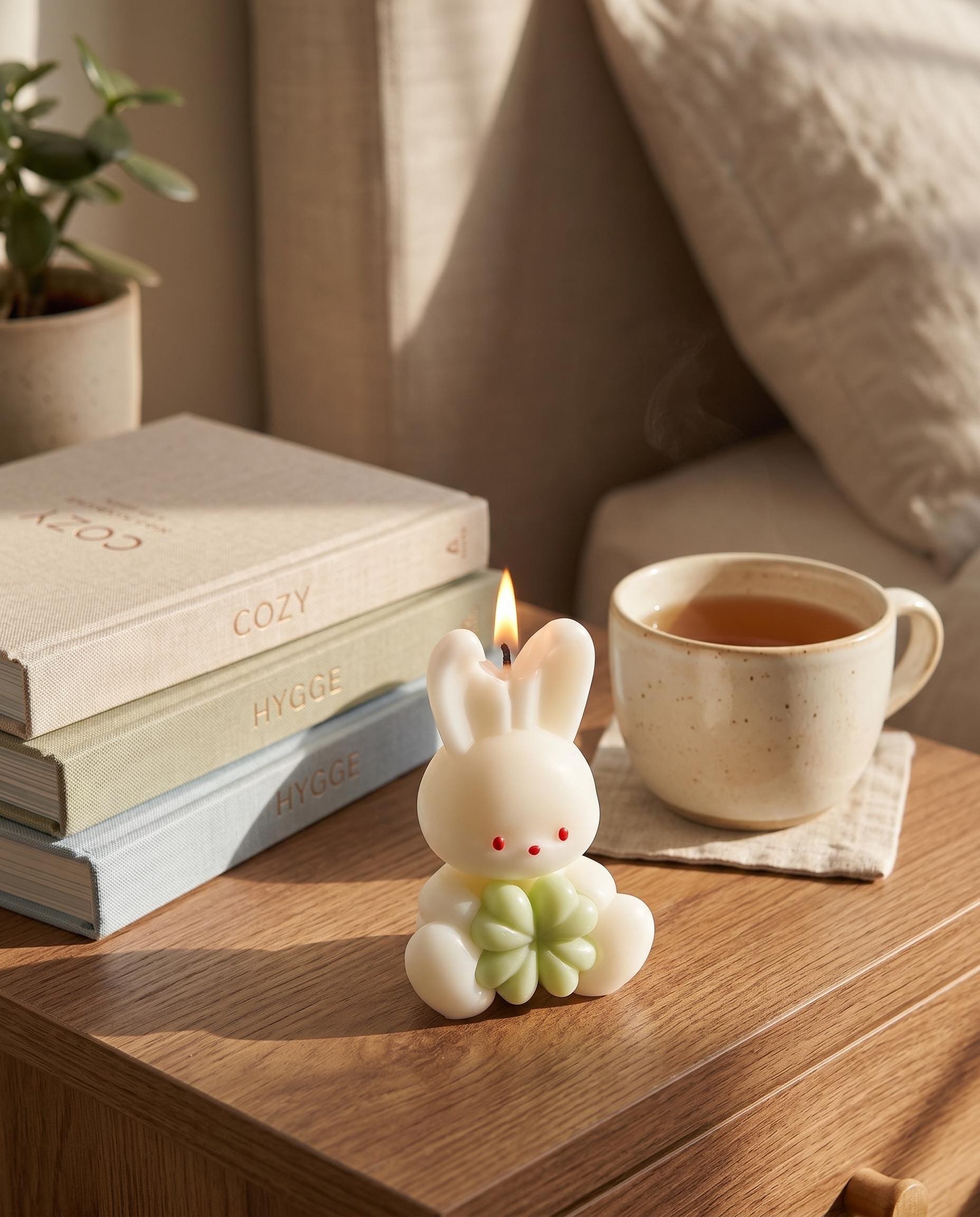 Candle shaped like a rabbit with a cup of tea and books on a wooden table.