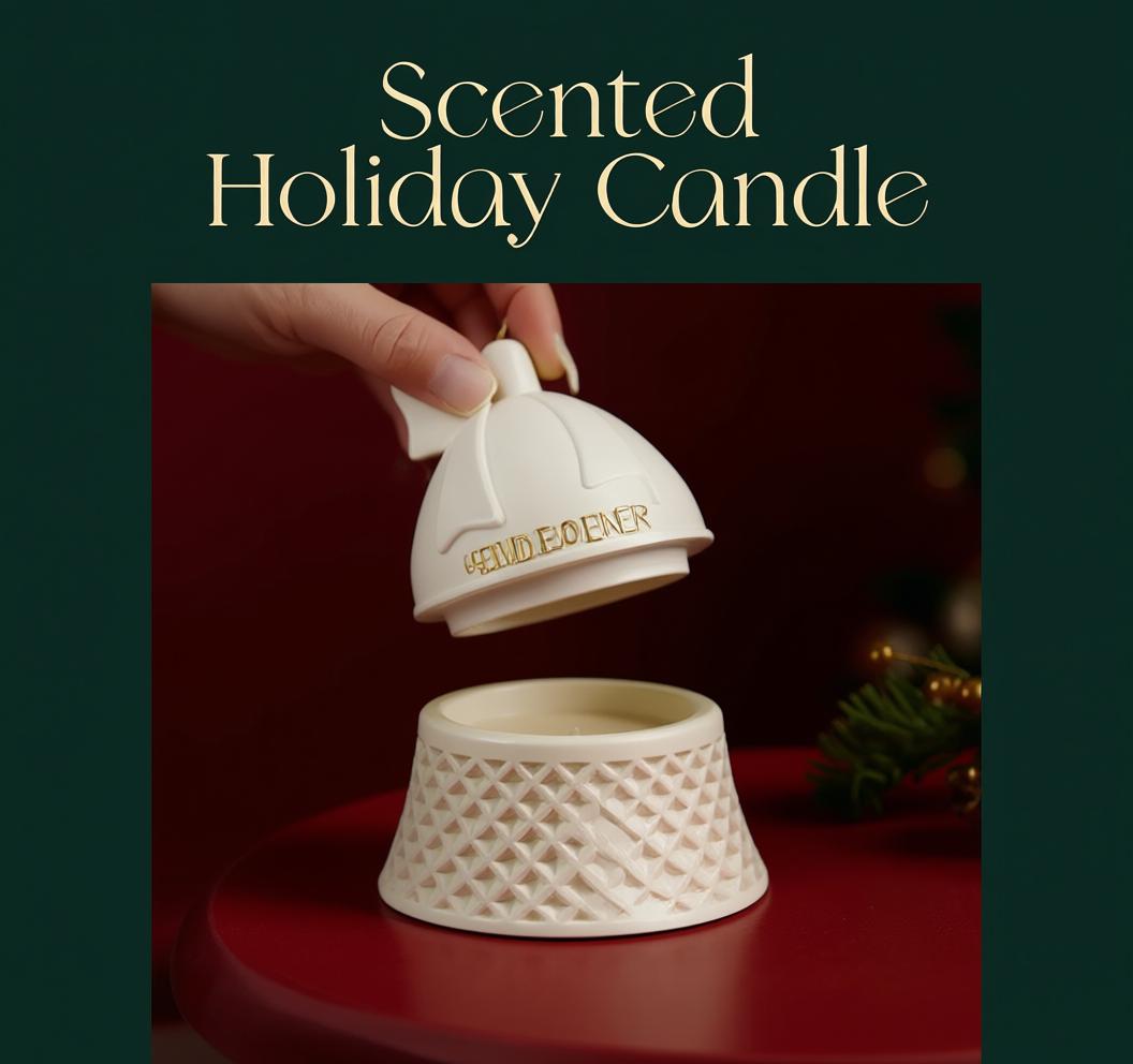 Scented holiday candle with a hand lifting the lid, set against a dark red background.